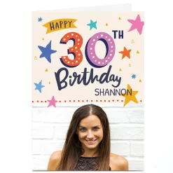 BOY Card Factory Photo Ebony Newton 30th Birthday Card - Colourful Stars, Any Name