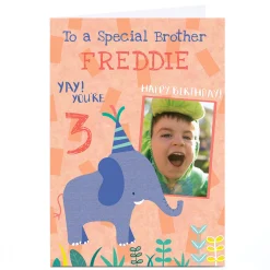 Kids Card Factory Photo Juniper & Rose Birthday Card - Blue Elephant, Editable Age