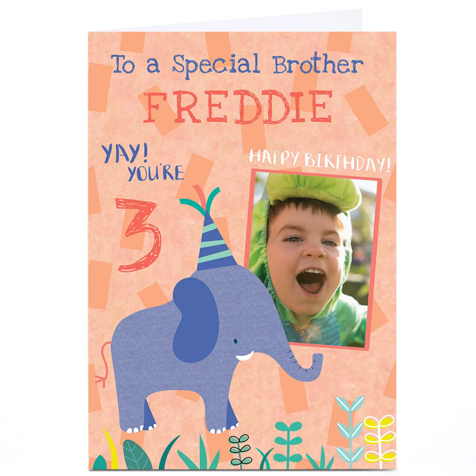 Kids Card Factory Photo Juniper & Rose Birthday Card - Blue Elephant, Editable Age