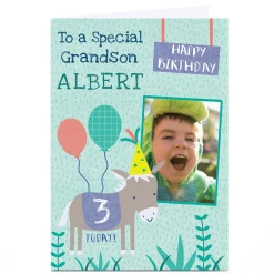 Kids Card Factory Photo Juniper & Rose Birthday Card - Grandson Donkey, Editable Age