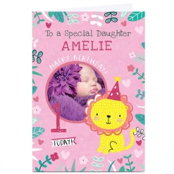 New Photo Juniper & Rose Birthday Card - Pink Lion, Editable Age Kids For Niece|For Granddaughter