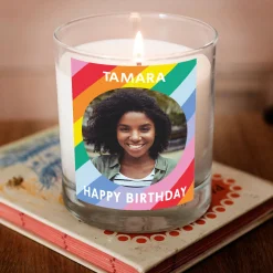 Card Factory Photo Pomegranate & Cashmere Scented Happy Birthday Candle - Rainbow Stripes