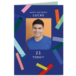 BOY Card Factory Photo 21st Birthday Card - Blue Block Colours