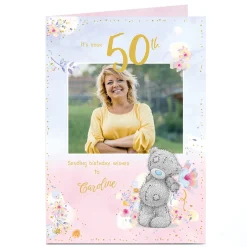 Card Factory Photo Tatty Teddy 50th Birthday Card - Bear with Flowers