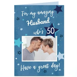 BOY Card Factory Photo 50th Birthday Card - Blue Stars, Husband, Editable Age