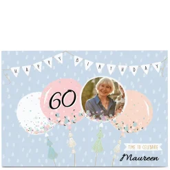 Online Photo 60th Birthday Card - Pastel Banner & Balloons, Editable Age For Wife|For Mum