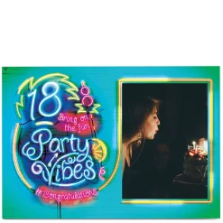 Card Factory Photo 18th Birthday Card - Party Vibes, Neon Lights