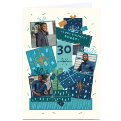 BOY Card Factory Photo 30th Birthday Card - Tower of Presents, Editable Age