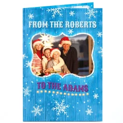 Clearance Photo Upload Christmas Card - Blue Wood With Snowflakes Christmas|Photo