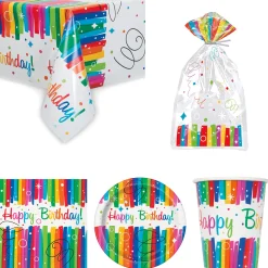 Card Factory Rainbow Ribbons Birthday Tableware & Decorations - 16 Guests