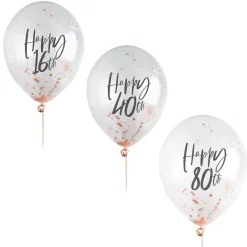 Hot Rose Gold Metallic Happy Birthday Confetti Latex Balloons - Pack of 5 (Any Milestone) 80Th Birthday|70Th Birthday