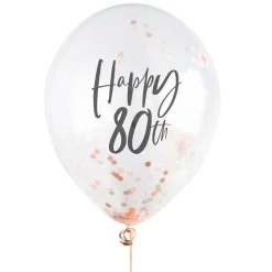 Hot Rose Gold Metallic Happy Birthday Confetti Latex Balloons - Pack of 5 (Any Milestone) 80Th Birthday|70Th Birthday