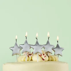 New Silver Metallic Star Cake Candles - Pack of 5 Cake Candles|Birthday Party